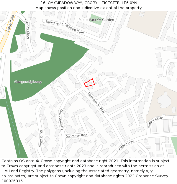 16, OAKMEADOW WAY, GROBY, LEICESTER, LE6 0YN: Location map and indicative extent of plot