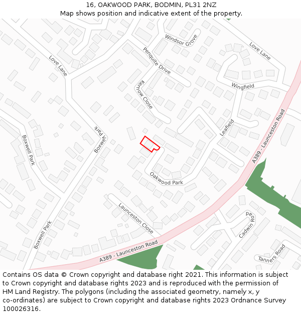 16, OAKWOOD PARK, BODMIN, PL31 2NZ: Location map and indicative extent of plot