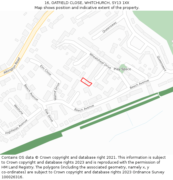 16, OATFIELD CLOSE, WHITCHURCH, SY13 1XX: Location map and indicative extent of plot