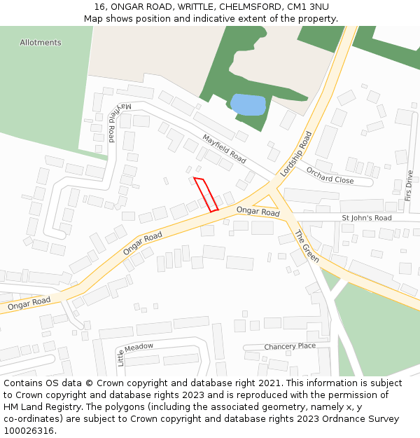 16, ONGAR ROAD, WRITTLE, CHELMSFORD, CM1 3NU: Location map and indicative extent of plot