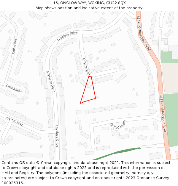 16, ONSLOW WAY, WOKING, GU22 8QX: Location map and indicative extent of plot