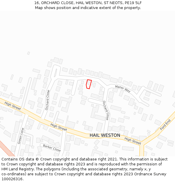 16, ORCHARD CLOSE, HAIL WESTON, ST NEOTS, PE19 5LF: Location map and indicative extent of plot