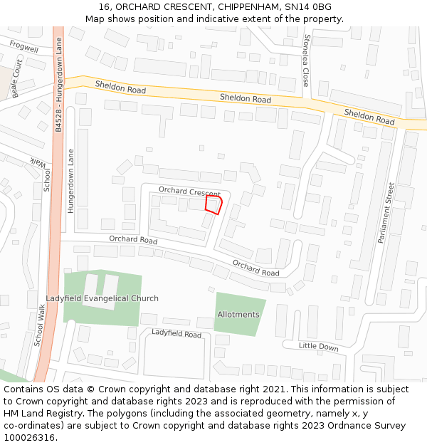 16, ORCHARD CRESCENT, CHIPPENHAM, SN14 0BG: Location map and indicative extent of plot