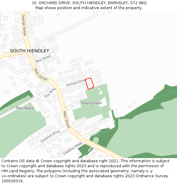 16, ORCHARD DRIVE, SOUTH HIENDLEY, BARNSLEY, S72 9BQ: Location map and indicative extent of plot