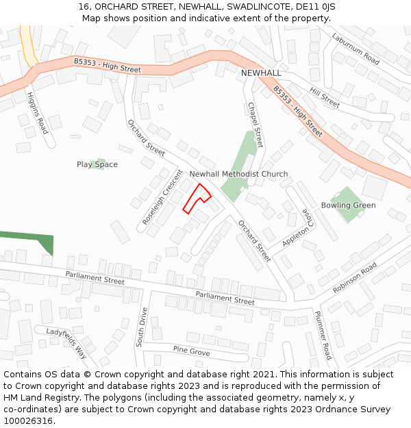 16, ORCHARD STREET, NEWHALL, SWADLINCOTE, DE11 0JS: Location map and indicative extent of plot