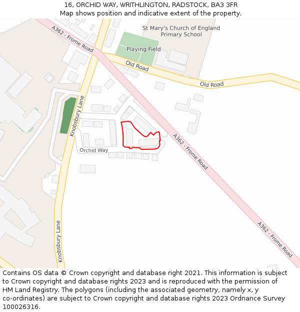 16, ORCHID WAY, WRITHLINGTON, RADSTOCK, BA3 3FR: Location map and indicative extent of plot