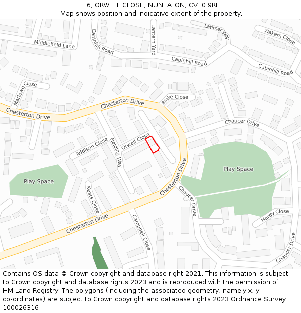 16, ORWELL CLOSE, NUNEATON, CV10 9RL: Location map and indicative extent of plot