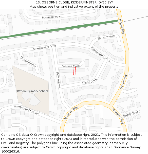 16, OSBORNE CLOSE, KIDDERMINSTER, DY10 3YY: Location map and indicative extent of plot