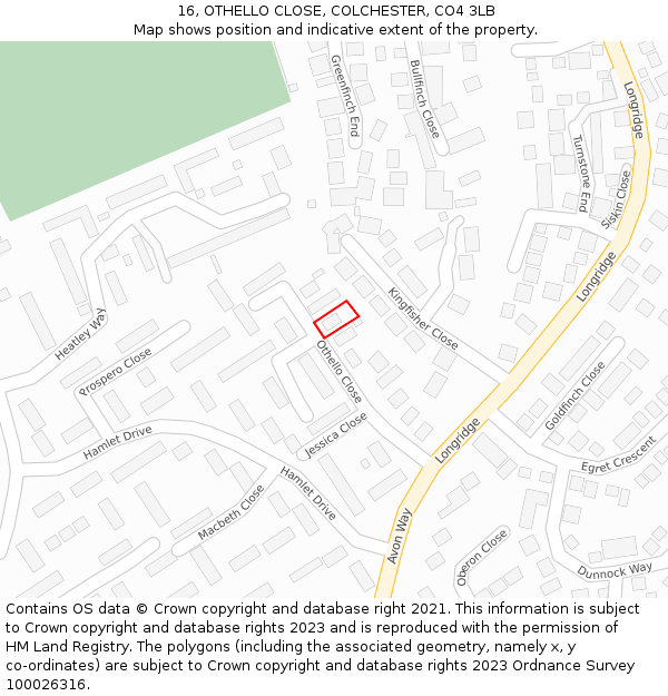 16, OTHELLO CLOSE, COLCHESTER, CO4 3LB: Location map and indicative extent of plot