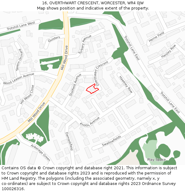 16, OVERTHWART CRESCENT, WORCESTER, WR4 0JW: Location map and indicative extent of plot