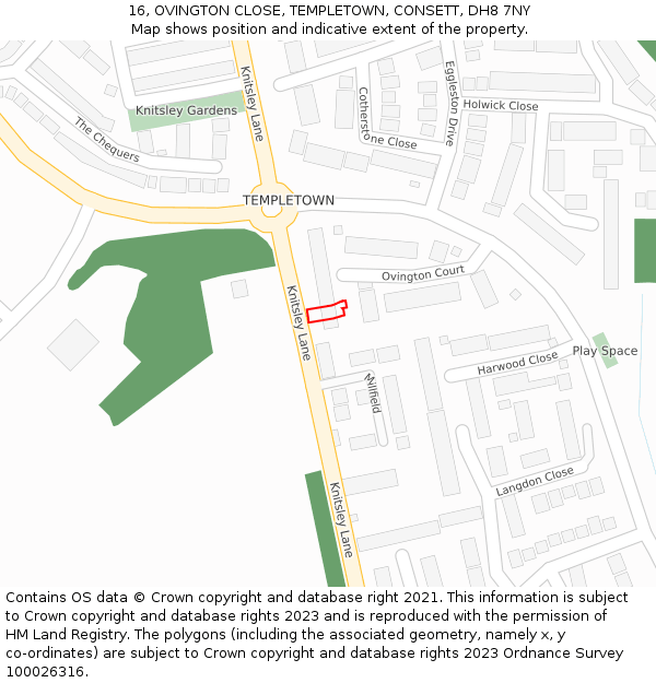 16, OVINGTON CLOSE, TEMPLETOWN, CONSETT, DH8 7NY: Location map and indicative extent of plot