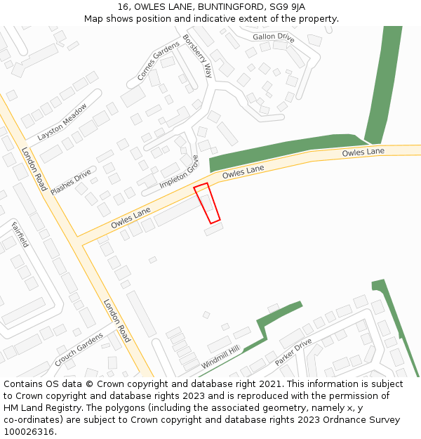 16, OWLES LANE, BUNTINGFORD, SG9 9JA: Location map and indicative extent of plot