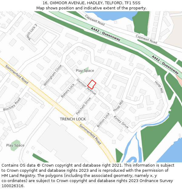 16, OXMOOR AVENUE, HADLEY, TELFORD, TF1 5SS: Location map and indicative extent of plot