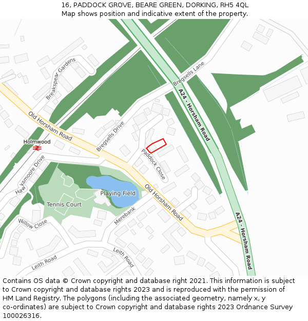 16, PADDOCK GROVE, BEARE GREEN, DORKING, RH5 4QL: Location map and indicative extent of plot