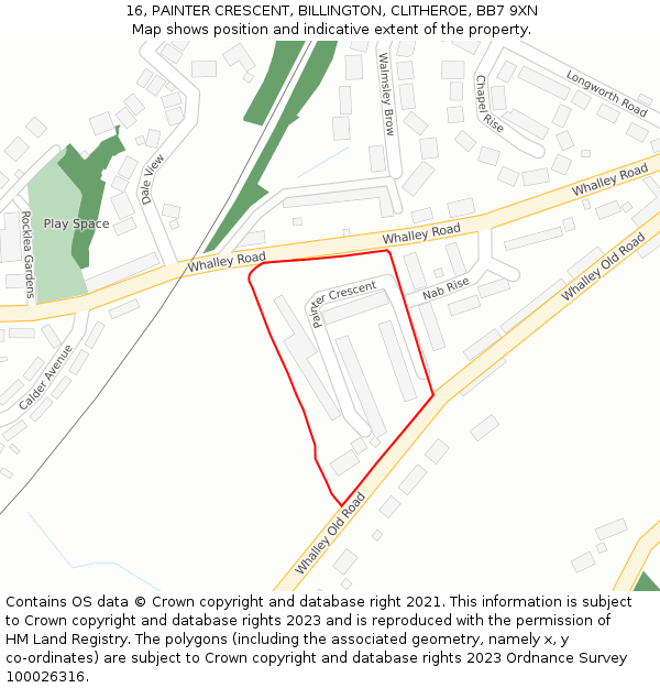 16, PAINTER CRESCENT, BILLINGTON, CLITHEROE, BB7 9XN: Location map and indicative extent of plot
