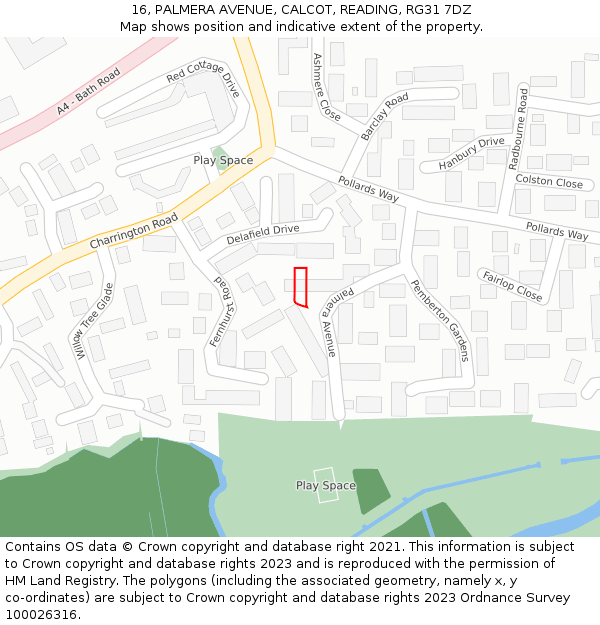 16, PALMERA AVENUE, CALCOT, READING, RG31 7DZ: Location map and indicative extent of plot