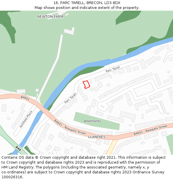 16, PARC TARELL, BRECON, LD3 8DX: Location map and indicative extent of plot