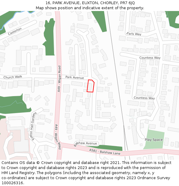 16, PARK AVENUE, EUXTON, CHORLEY, PR7 6JQ: Location map and indicative extent of plot