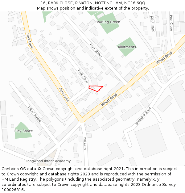 16, PARK CLOSE, PINXTON, NOTTINGHAM, NG16 6QQ: Location map and indicative extent of plot