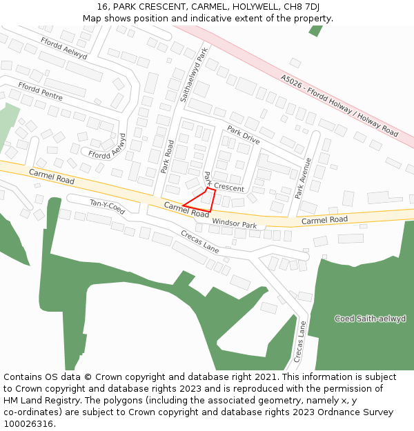 16, PARK CRESCENT, CARMEL, HOLYWELL, CH8 7DJ: Location map and indicative extent of plot