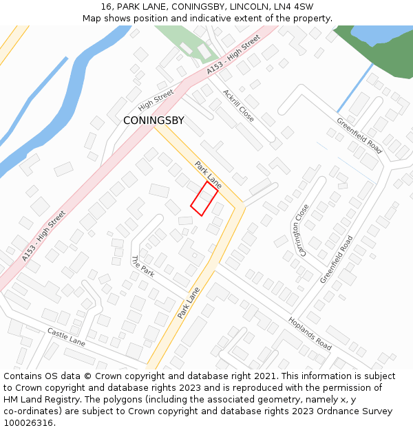 16, PARK LANE, CONINGSBY, LINCOLN, LN4 4SW: Location map and indicative extent of plot