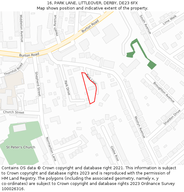 16, PARK LANE, LITTLEOVER, DERBY, DE23 6FX: Location map and indicative extent of plot