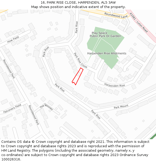 16, PARK RISE CLOSE, HARPENDEN, AL5 3AW: Location map and indicative extent of plot