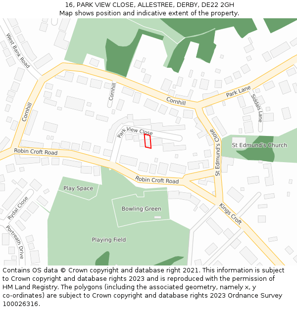 16, PARK VIEW CLOSE, ALLESTREE, DERBY, DE22 2GH: Location map and indicative extent of plot