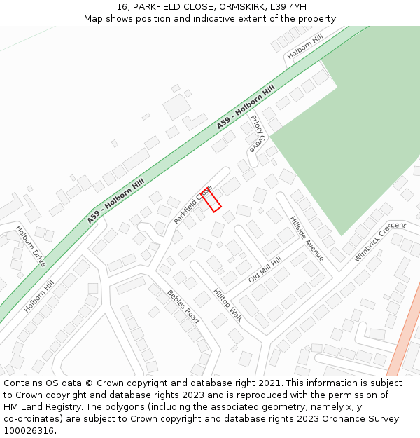 16, PARKFIELD CLOSE, ORMSKIRK, L39 4YH: Location map and indicative extent of plot