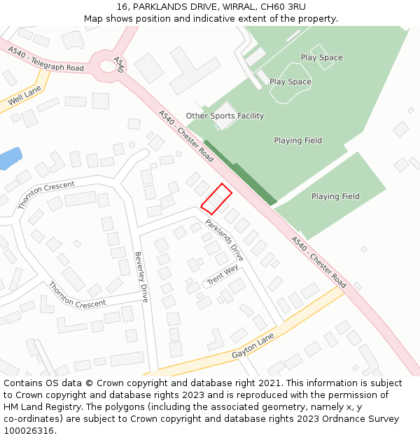 16, PARKLANDS DRIVE, WIRRAL, CH60 3RU: Location map and indicative extent of plot