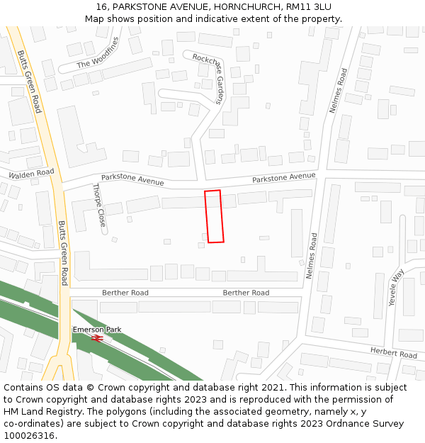 16, PARKSTONE AVENUE, HORNCHURCH, RM11 3LU: Location map and indicative extent of plot