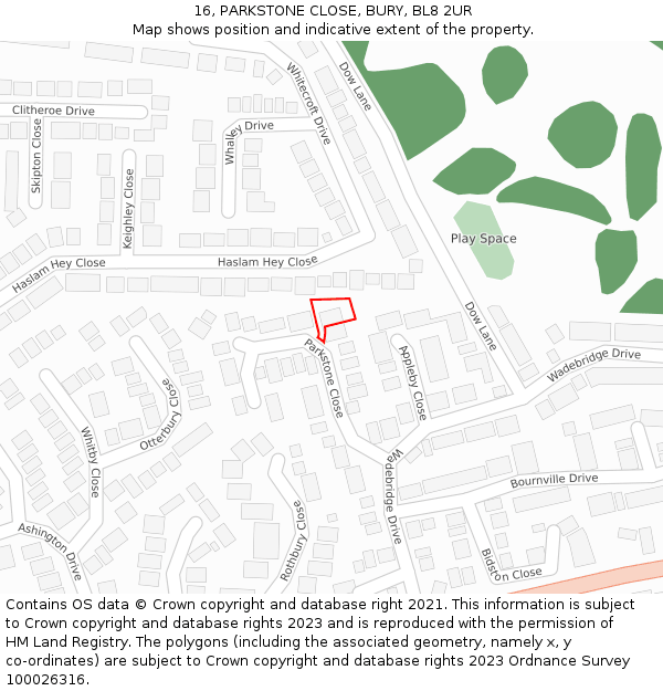 16, PARKSTONE CLOSE, BURY, BL8 2UR: Location map and indicative extent of plot