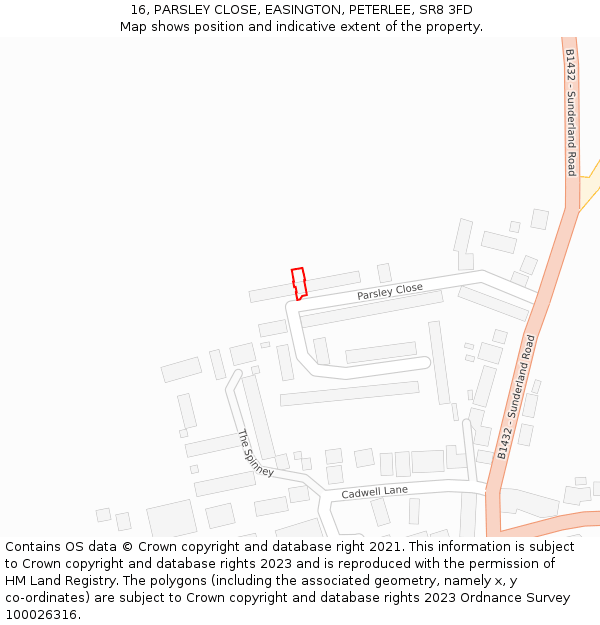 16, PARSLEY CLOSE, EASINGTON, PETERLEE, SR8 3FD: Location map and indicative extent of plot
