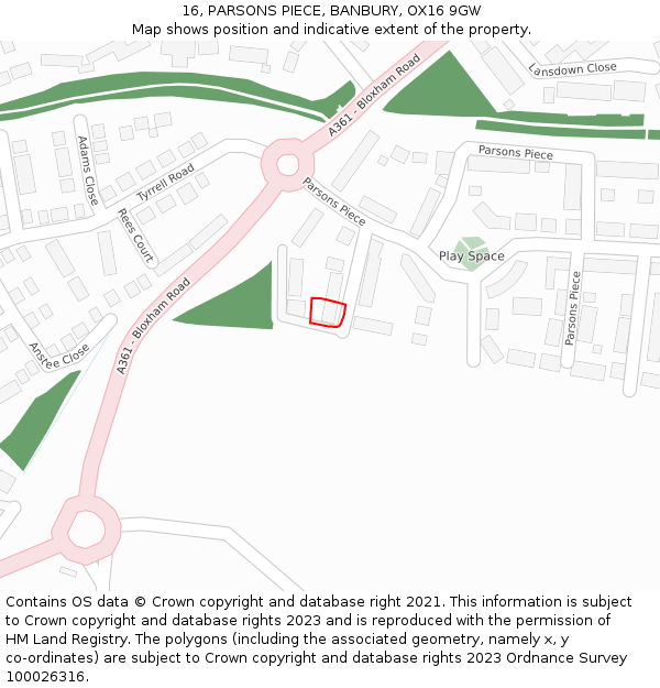 16, PARSONS PIECE, BANBURY, OX16 9GW: Location map and indicative extent of plot