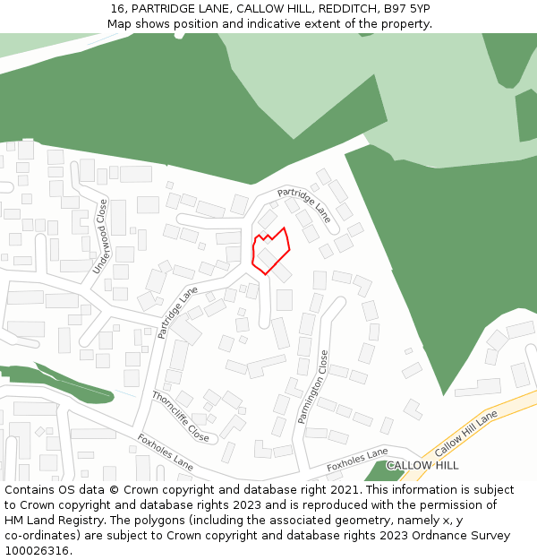 16, PARTRIDGE LANE, CALLOW HILL, REDDITCH, B97 5YP: Location map and indicative extent of plot