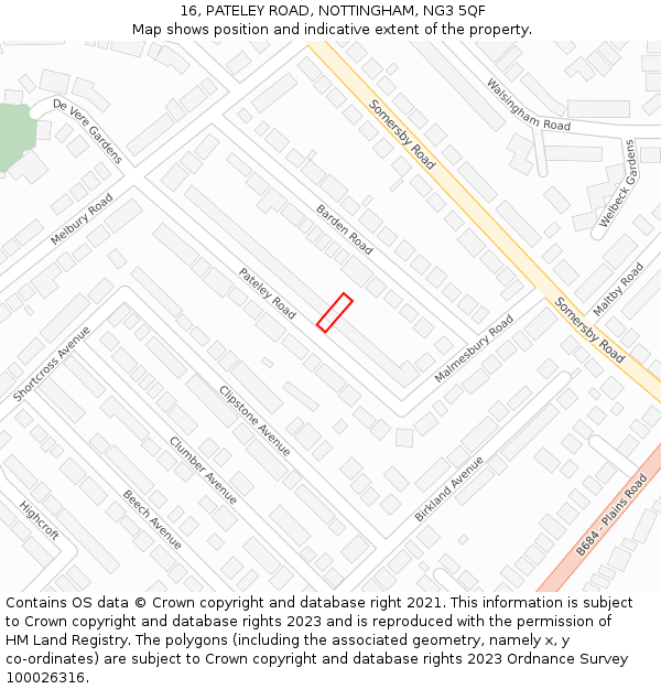 16, PATELEY ROAD, NOTTINGHAM, NG3 5QF: Location map and indicative extent of plot