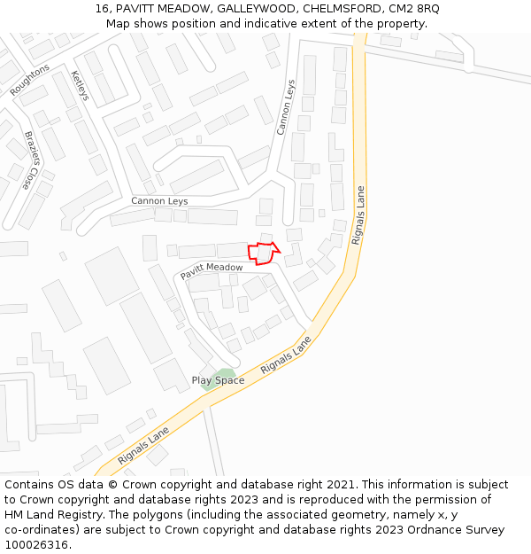 16, PAVITT MEADOW, GALLEYWOOD, CHELMSFORD, CM2 8RQ: Location map and indicative extent of plot