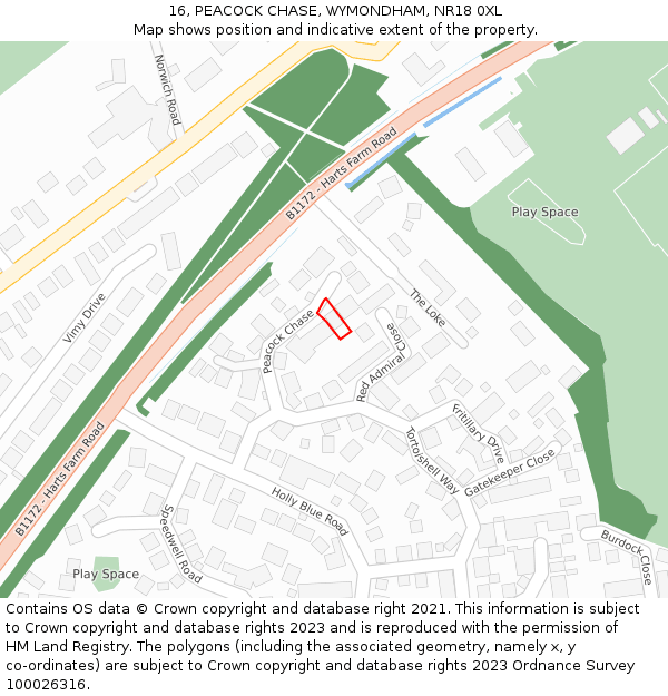 16, PEACOCK CHASE, WYMONDHAM, NR18 0XL: Location map and indicative extent of plot