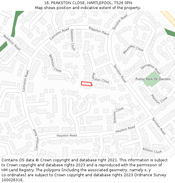 16, PEAKSTON CLOSE, HARTLEPOOL, TS26 0PN: Location map and indicative extent of plot