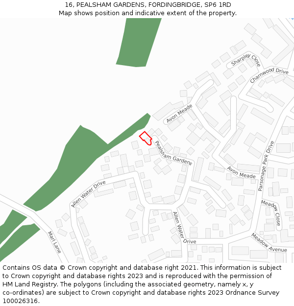 16, PEALSHAM GARDENS, FORDINGBRIDGE, SP6 1RD: Location map and indicative extent of plot