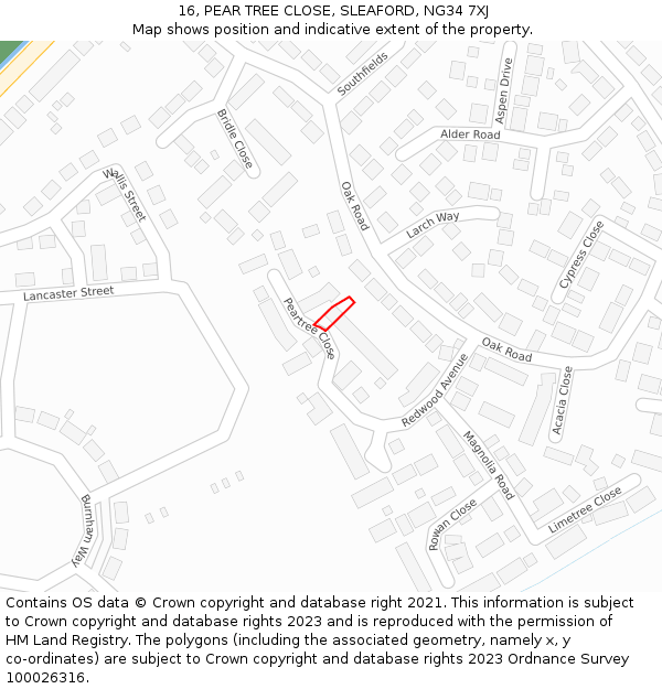 16, PEAR TREE CLOSE, SLEAFORD, NG34 7XJ: Location map and indicative extent of plot