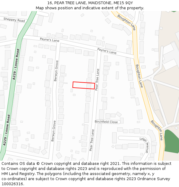 16, PEAR TREE LANE, MAIDSTONE, ME15 9QY: Location map and indicative extent of plot