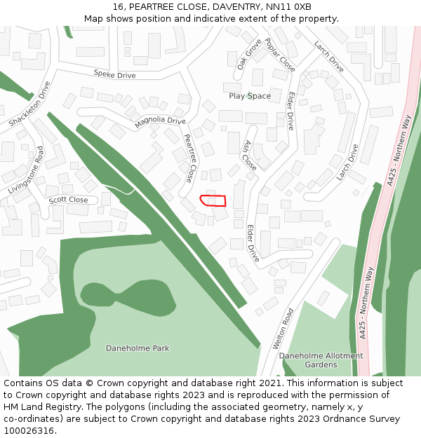 16, PEARTREE CLOSE, DAVENTRY, NN11 0XB: Location map and indicative extent of plot