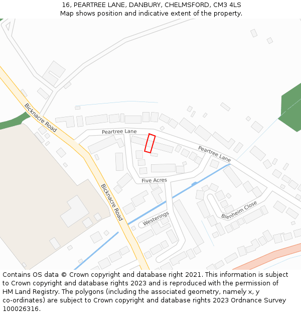 16, PEARTREE LANE, DANBURY, CHELMSFORD, CM3 4LS: Location map and indicative extent of plot