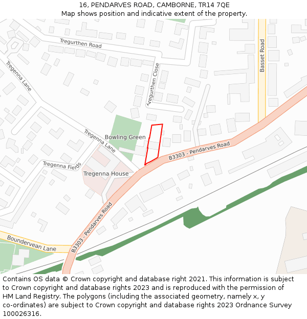 16, PENDARVES ROAD, CAMBORNE, TR14 7QE: Location map and indicative extent of plot