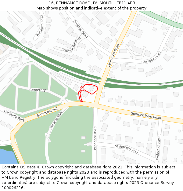 16, PENNANCE ROAD, FALMOUTH, TR11 4EB: Location map and indicative extent of plot