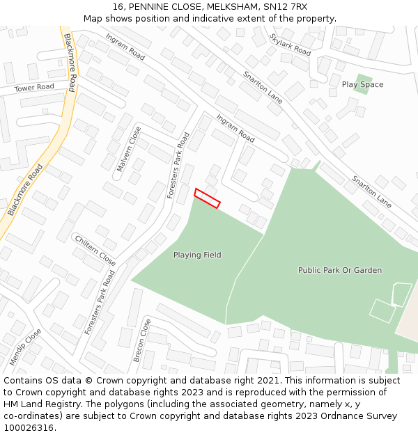 16, PENNINE CLOSE, MELKSHAM, SN12 7RX: Location map and indicative extent of plot