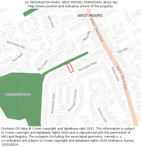 16, PENNINGTON ROAD, WEST MOORS, FERNDOWN, BH22 0JQ: Location map and indicative extent of plot