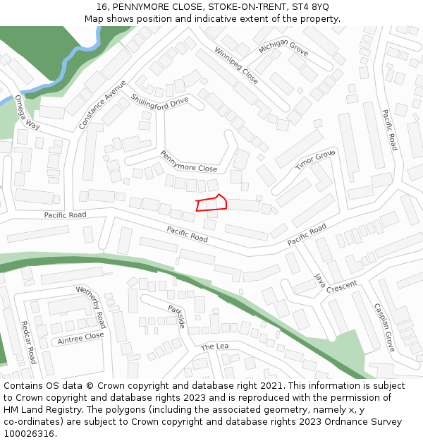 16, PENNYMORE CLOSE, STOKE-ON-TRENT, ST4 8YQ: Location map and indicative extent of plot