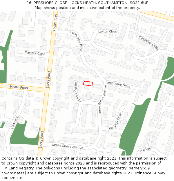 16, PERSHORE CLOSE, LOCKS HEATH, SOUTHAMPTON, SO31 6UF: Location map and indicative extent of plot